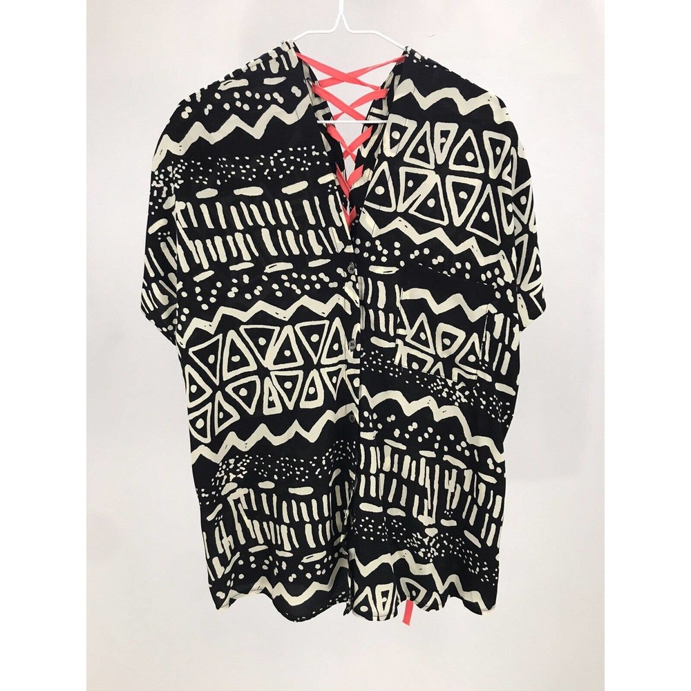 Very J Black Cream Tribal Print Lace Up Back Button Down Blouse Size L